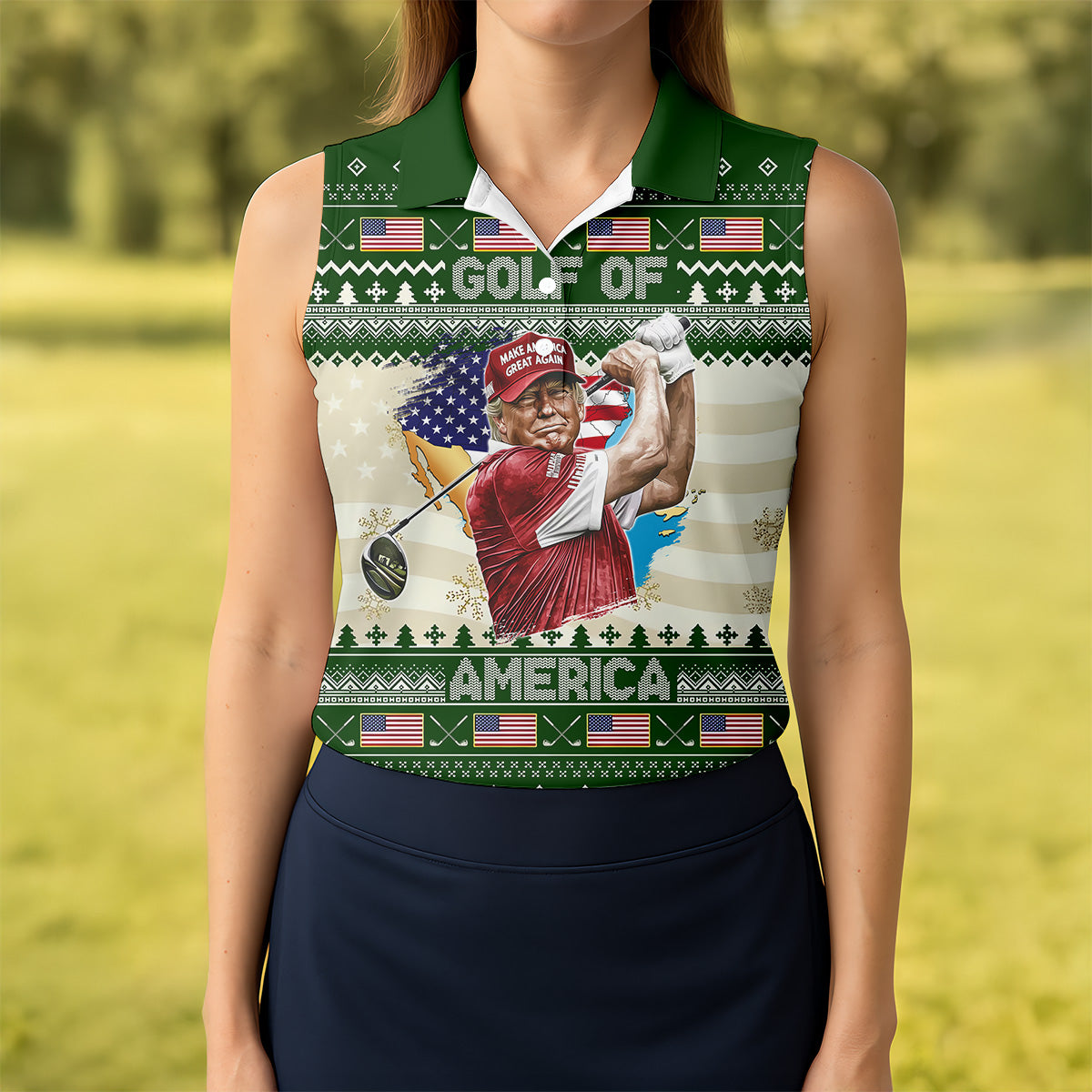 Trump Golf Of America Christmas Golf Shirt Funny Print Women's Golf Tops, Christmas Golf Shirt, Ladies Golf Polos