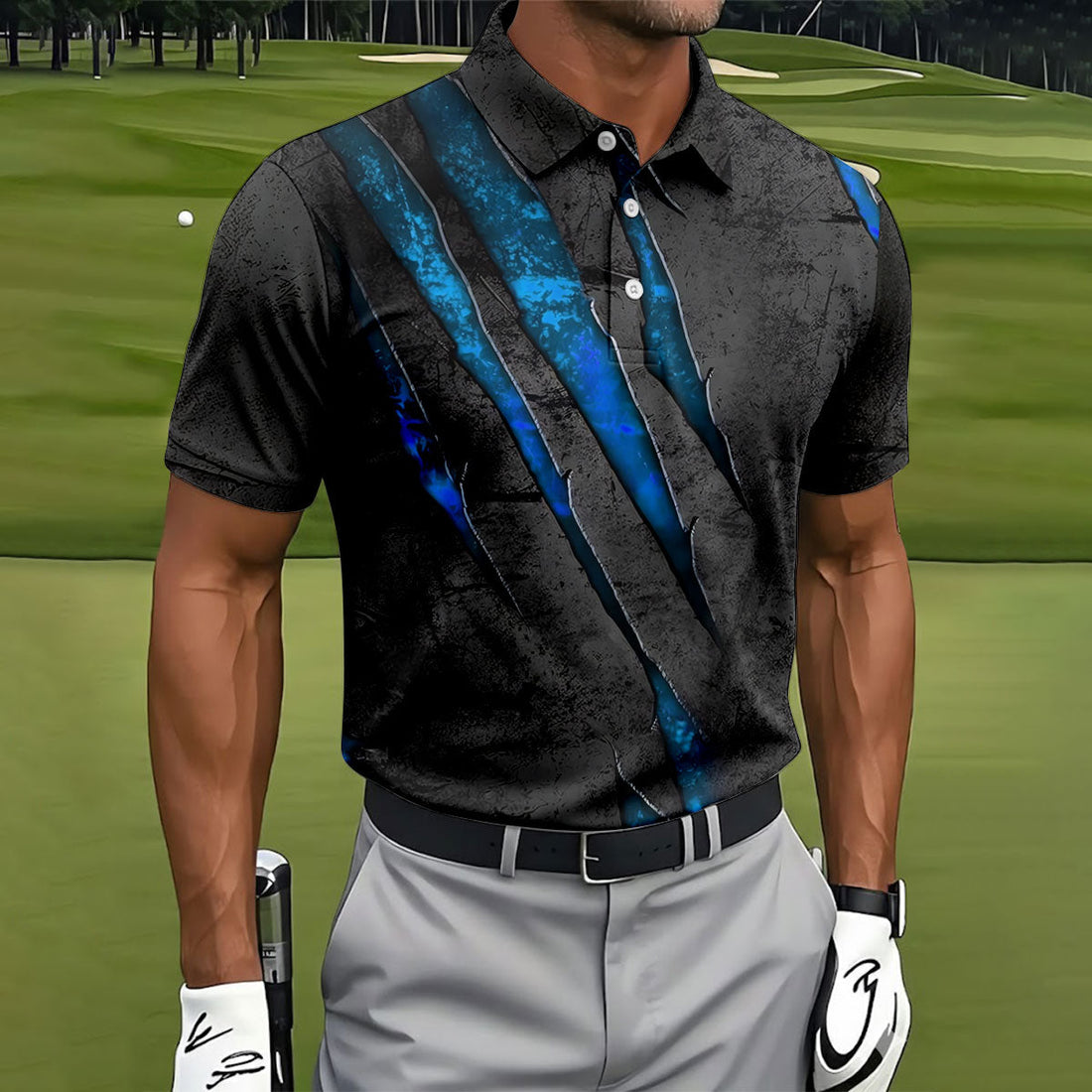 Blue Claw Marks Hawaiian Golf Shirt, Scratch Print Men's Golf Shirt, Polo Shirts For Men