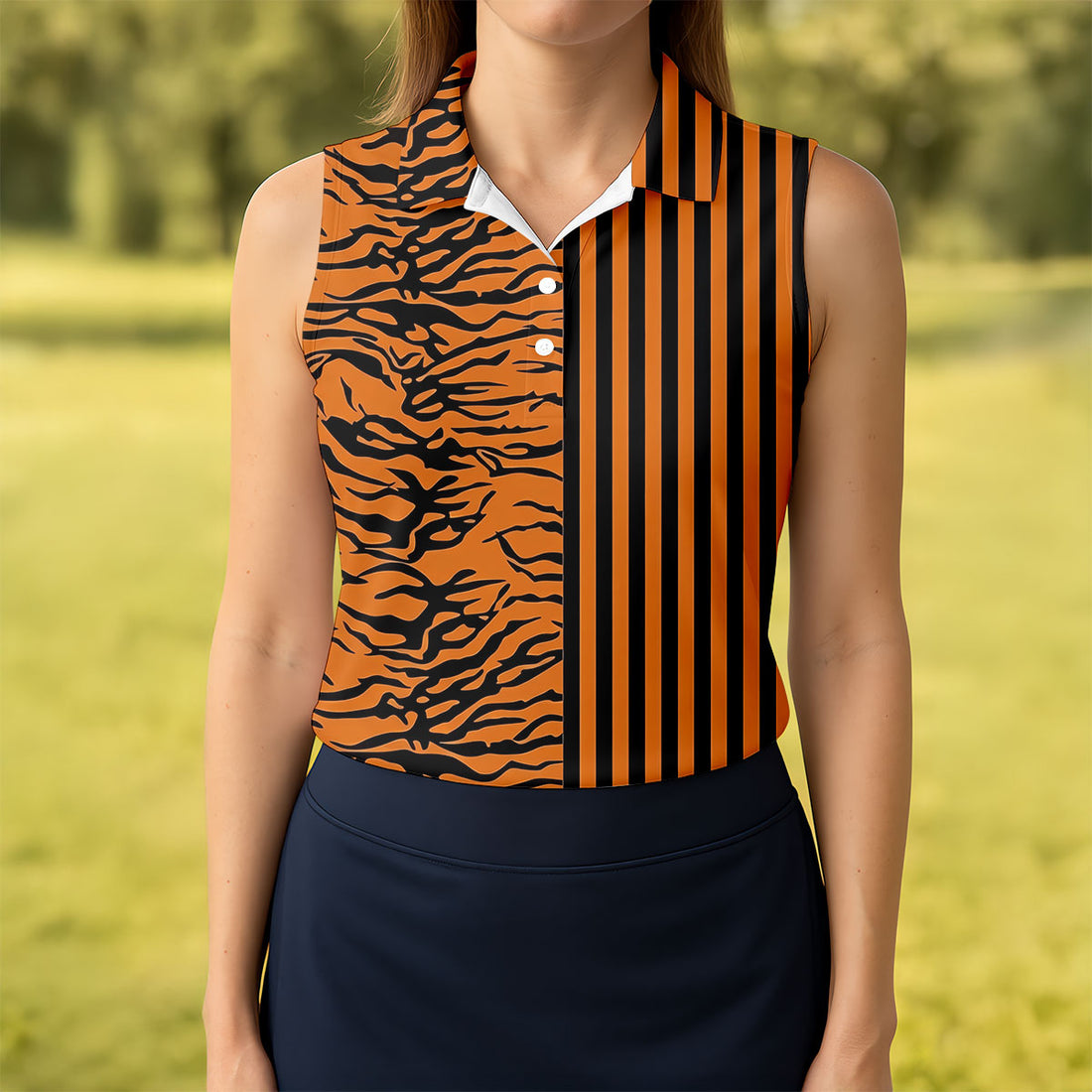 Orange Tiger Stripe Split Pattern Golf Shirt, Women's Golf Tops, Ladies Golf Shirts, Printed Golf Shirt