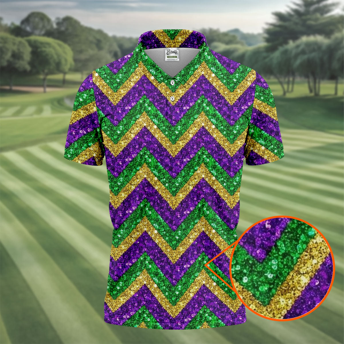 Mardi Gras Purple Gold Green Zigzag Pattern Glitter Print Golf Tops For Men, Polo ShirtFor Men, Golf Shirts For Men