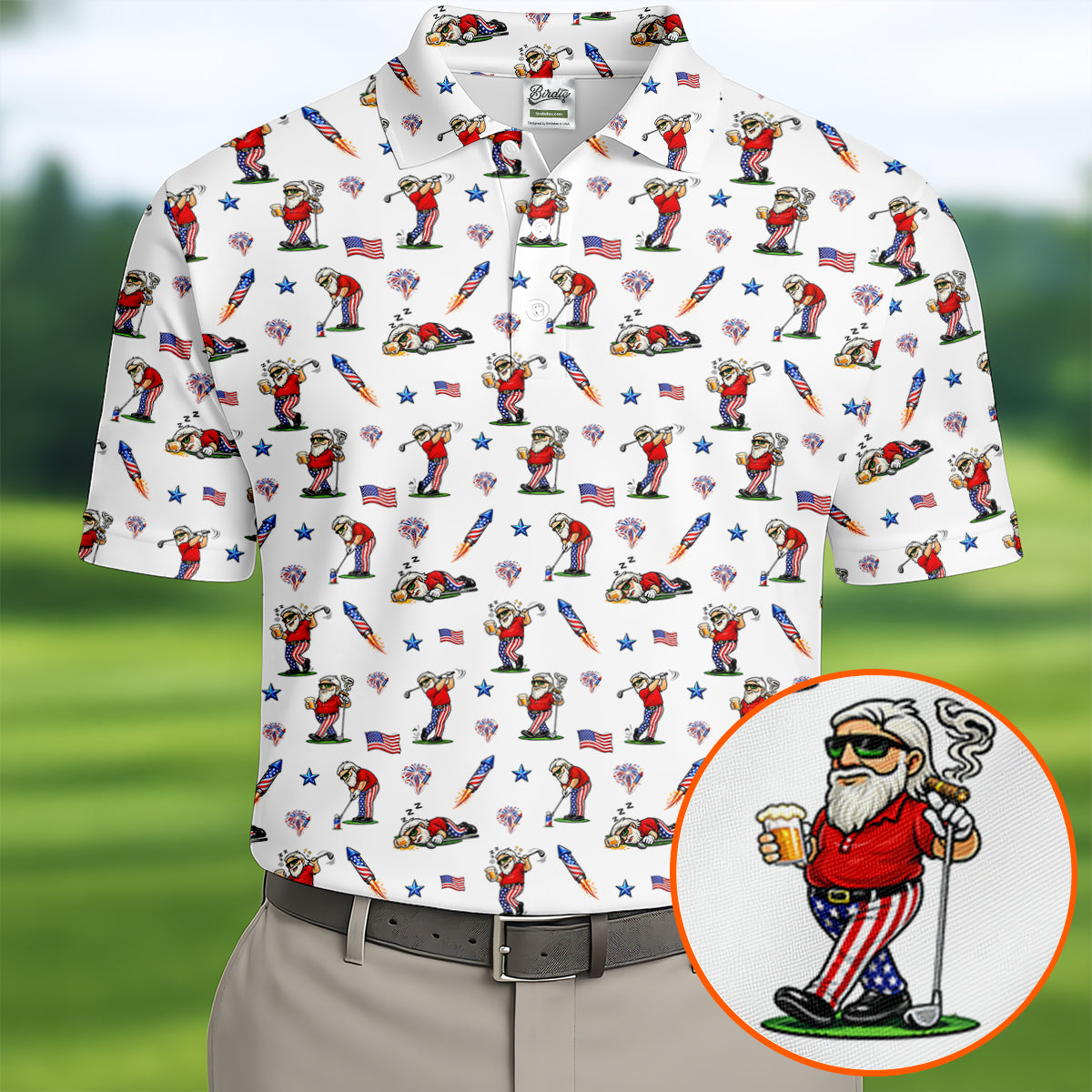 4th Of July Funny Man Golf And Beer USA Polo ShirtPatriotic Golf Shirt, 250th Anniversary Golf Shirts For Men