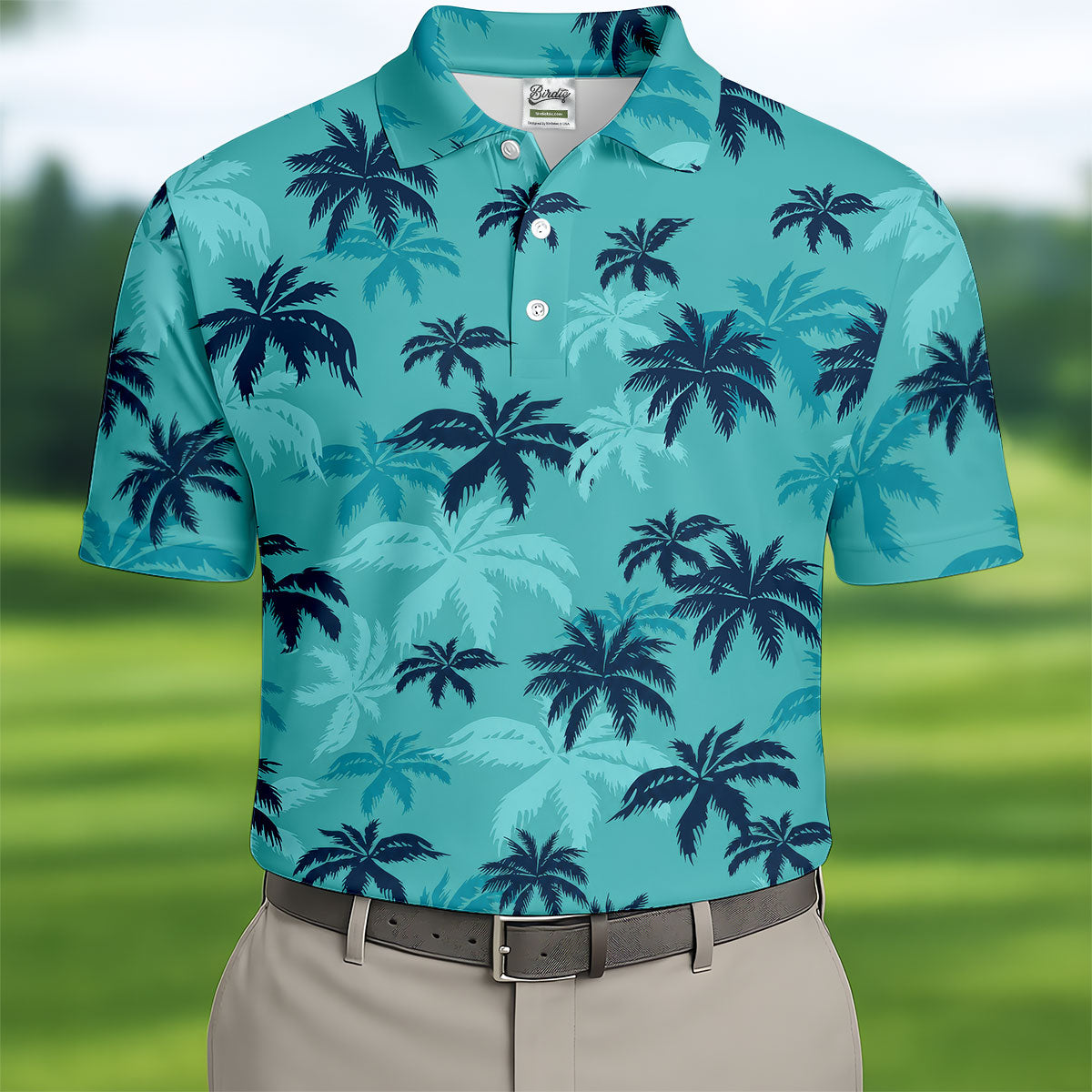 Turquoise Palm Tree Tropical Golf Shirt, Men's Polo Shirt, Hawaiian Golf Shirt, Performance Golf Shirt