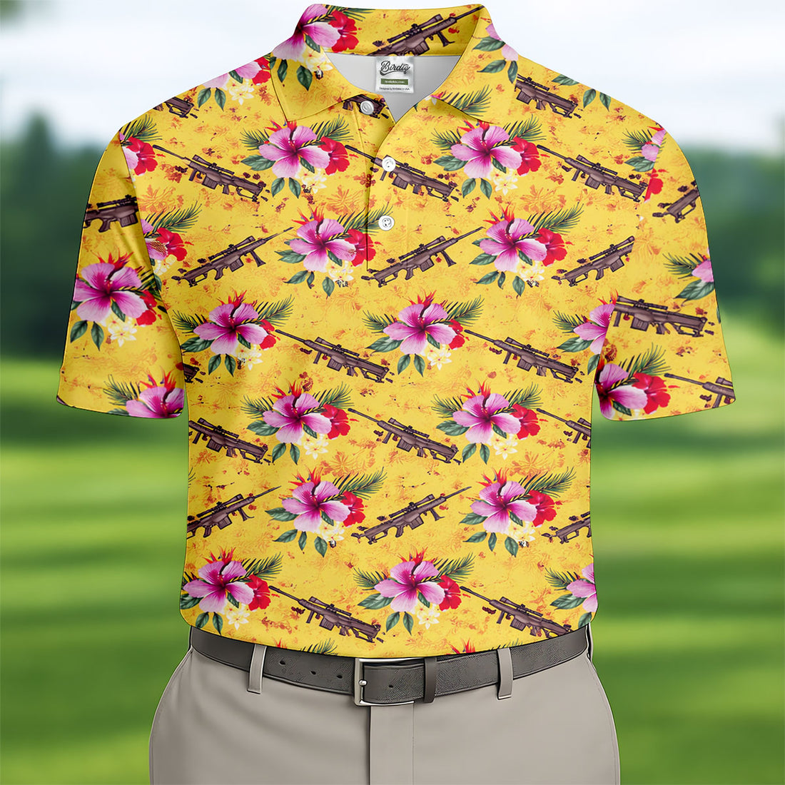 Floral Pattern Army Theme Hawaiian Yellow Golf Shirt, Men's Golf Polo Shirtlf Shirts For Men