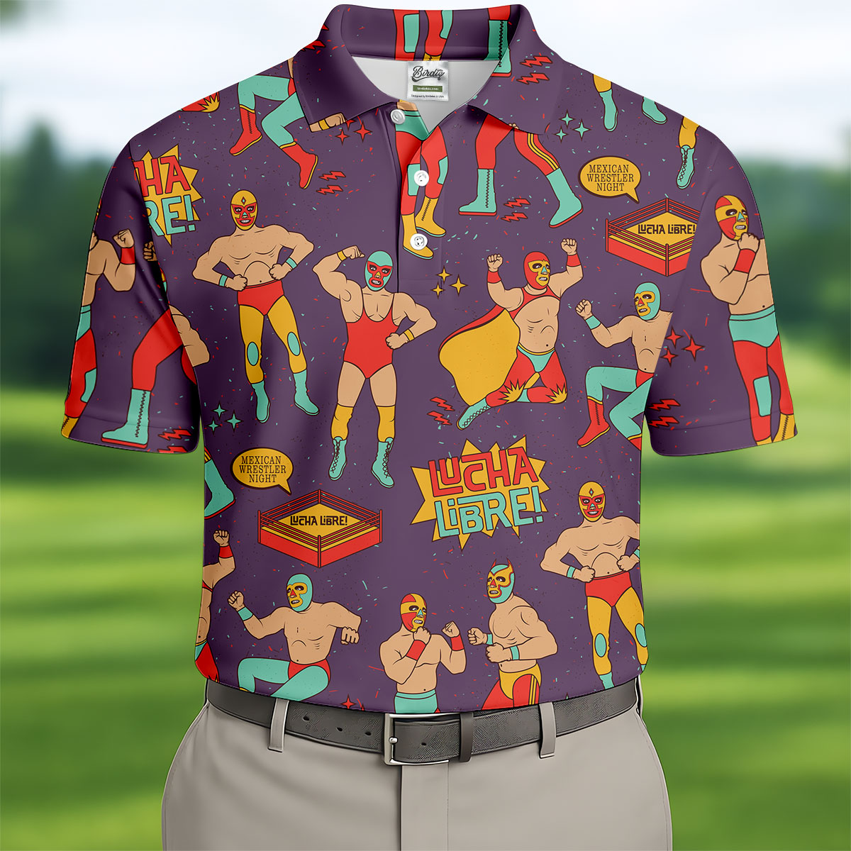 Purple Lucha Libre Mexican Wrestler Pattern Golf Shirt, Men's Golf Shirt, Mens Polo Shirts