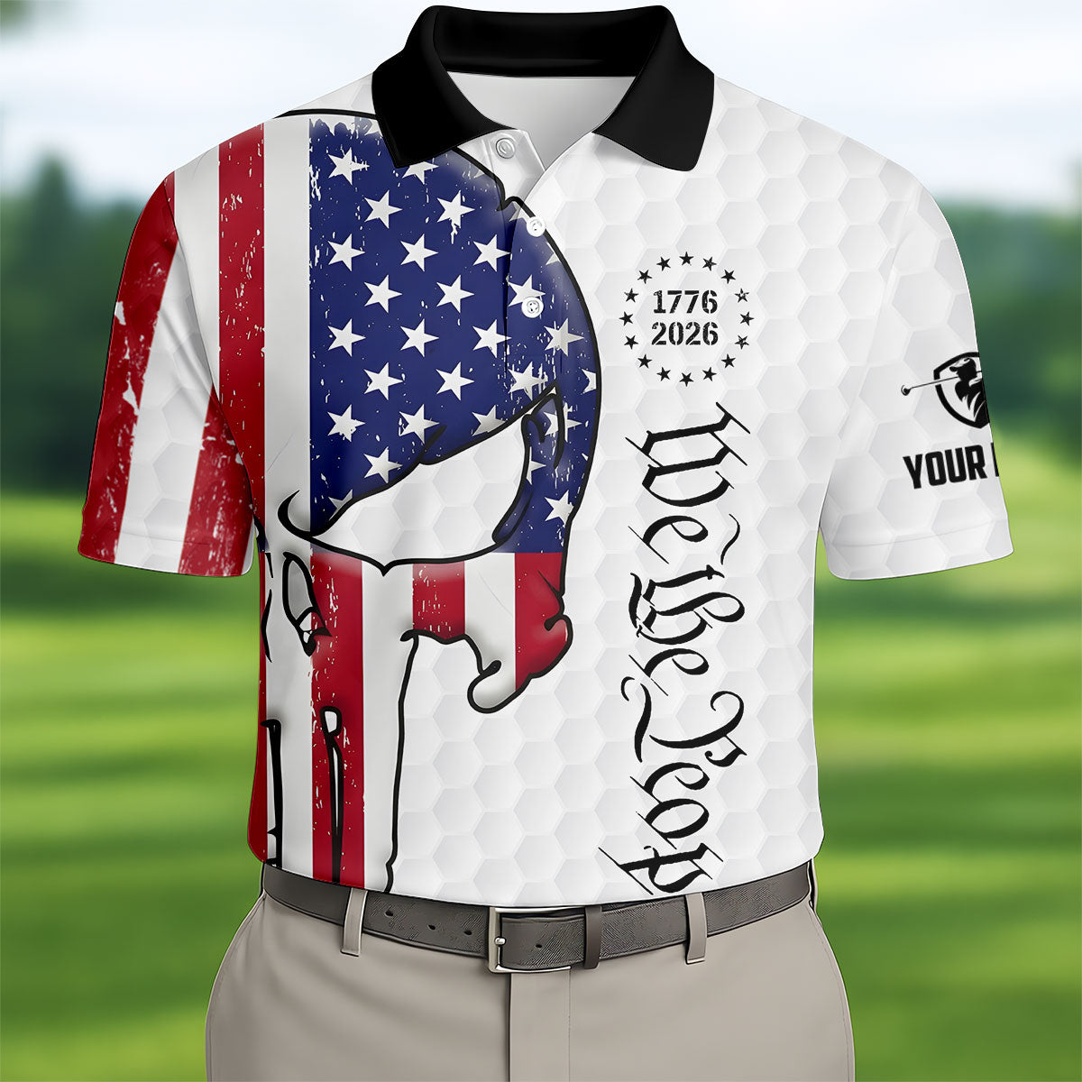 We The People 250 Celebration US Flag Pattern Skull Golf Shirt, Patriotic 4th Of July Golf Shirts For Men