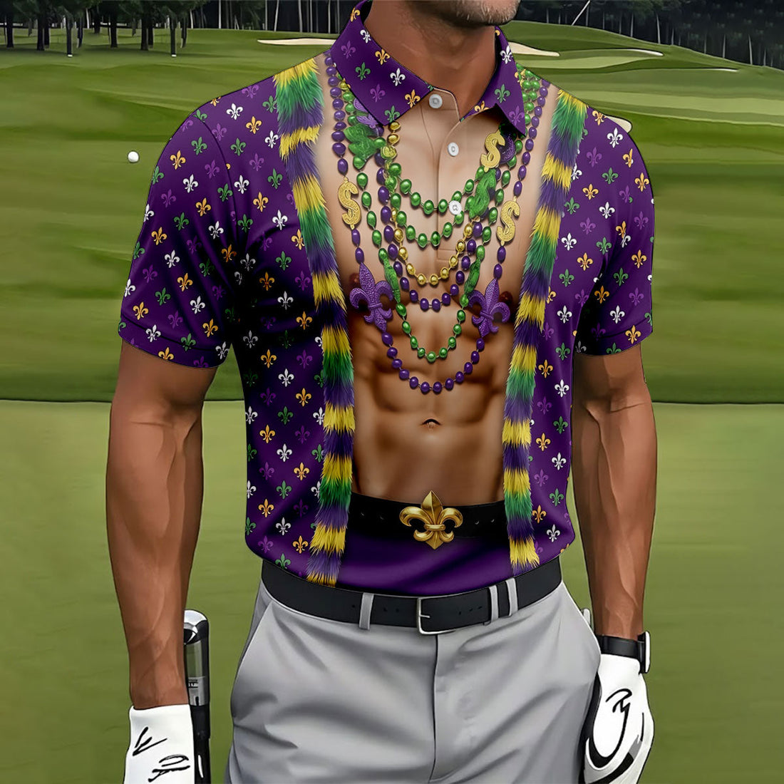 Funny 3D Print Mardi Gras Fleur De Lis Purple Golf Shirt, Golf Tops For Men, Golf Shirts For Men