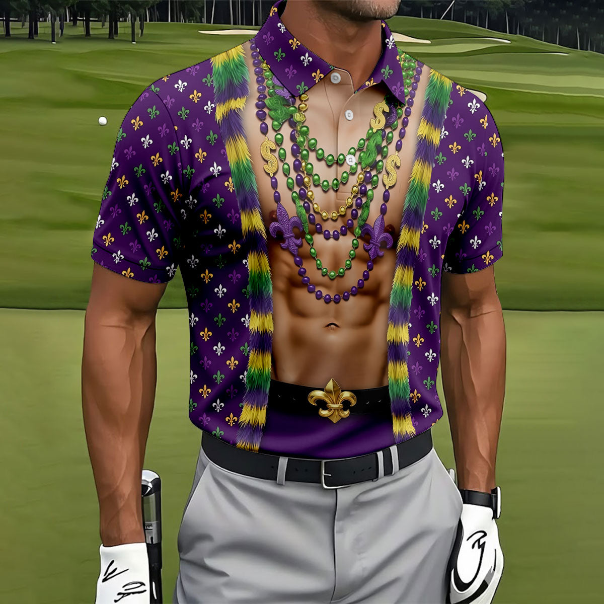 Funny 3D Print Mardi Gras Fleur De Lis Purple Golf Shirt, Golf Tops For Men, Golf Shirts For Men