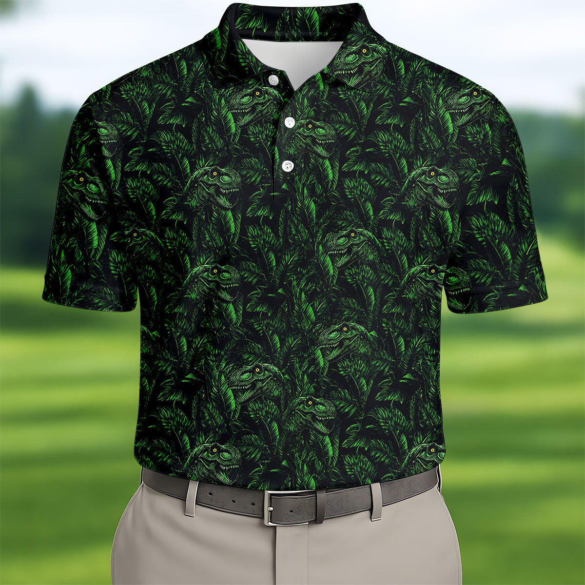 Dinosaurs In The Forest Deep Forest Green Hawaiian Golf Shirt, Polo Shirtor Men