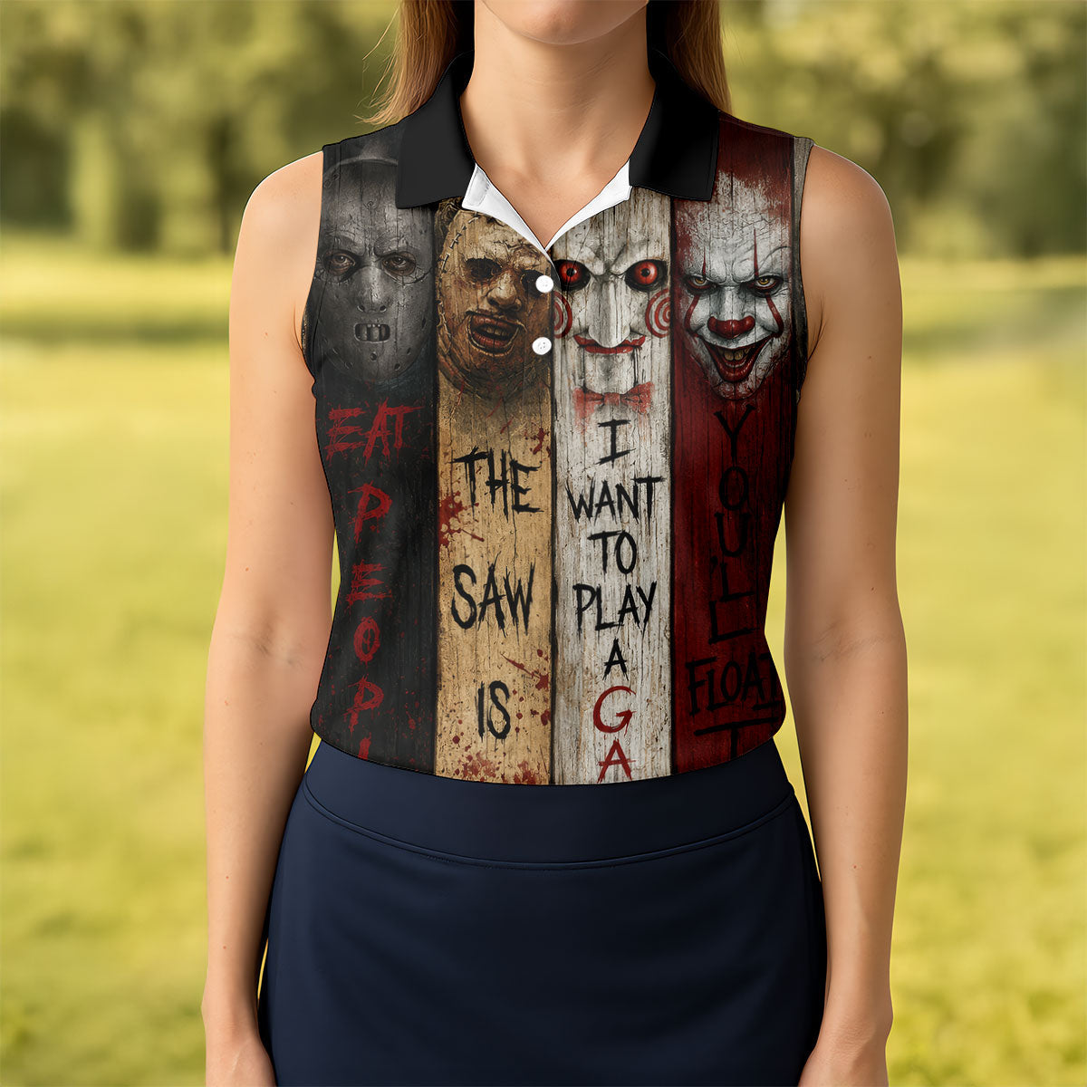 Vintage Wood Panel Horror Character Halloween Golf Shirt, Women's Golf Apparel, Printed Golf Shirt
