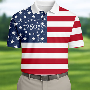 USA Flag Pattern Vintage Golf Shirt, 250th Anniversary Patriotic Golf Shirt, 4th Of July Golf Shirts For Men