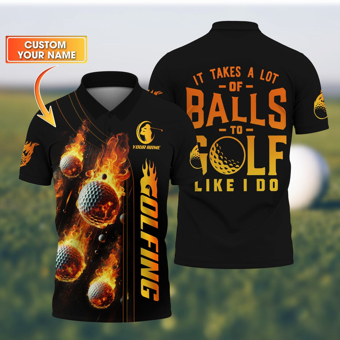 Fire Golf Ball Men's Golf Polo ShirtGolfing Apparel, Mens Golf Gift, Gift For Golf Lovers