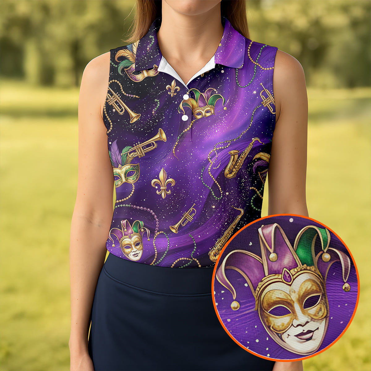Golden Fleur De Lis Trumpet And Saxophone Mardi Gras Masquerade Mask Purple Golf Shirt, Women's Golf Tops