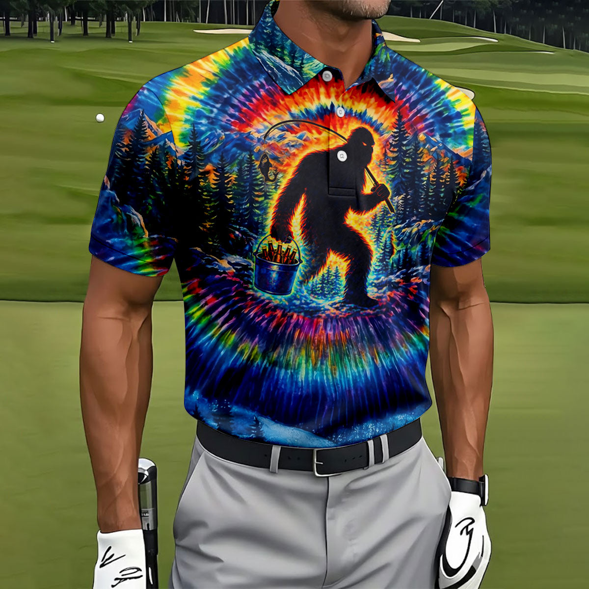 Tie Dye Bigfoot Fishing Forest Golf Shirt, Mens Golf Apparel, Printed Golf Shirts