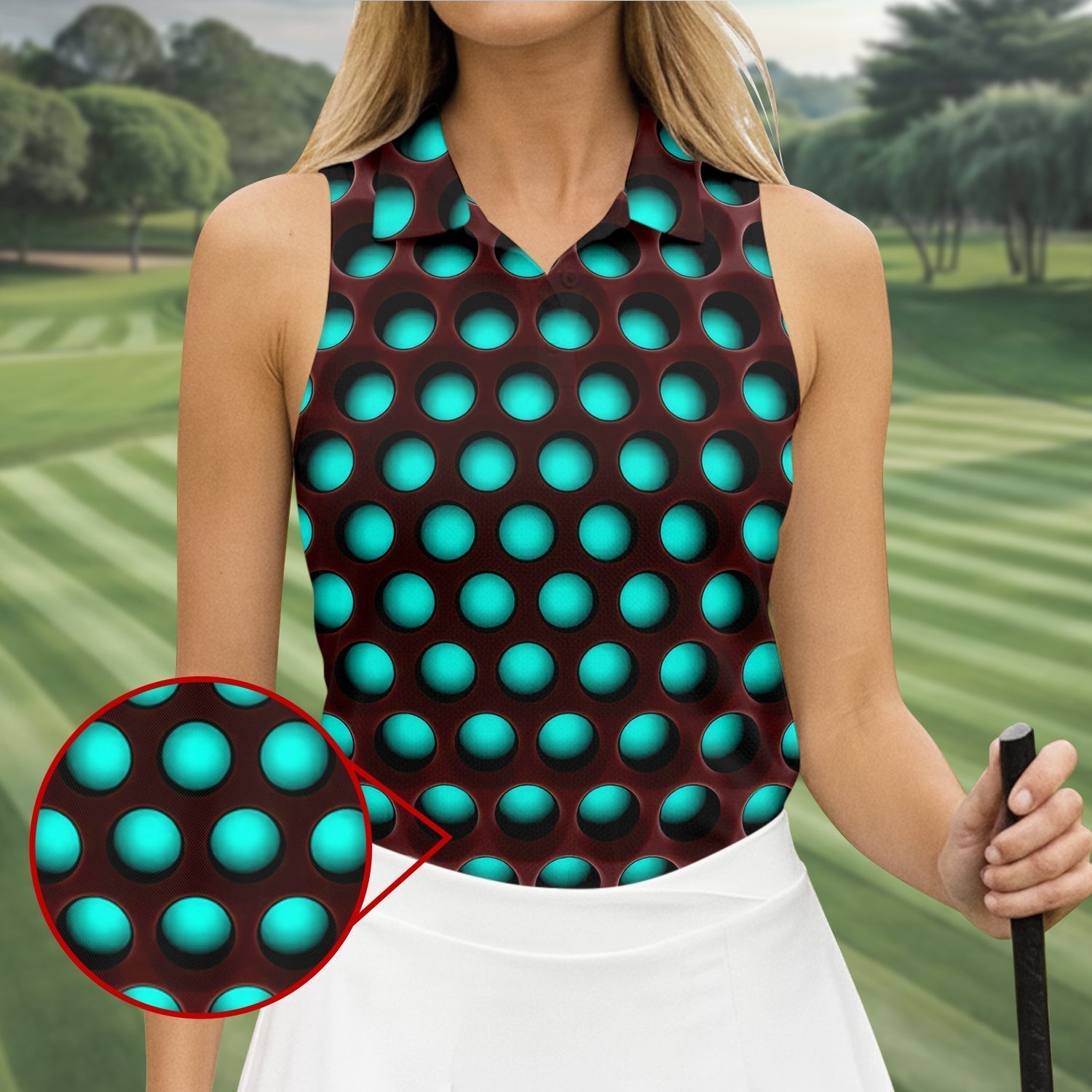 3D Effect Circular Pattern Blue Golf Shirt, Cool Golf Outfit, Women Golf Top, Ladies Golf Shirts