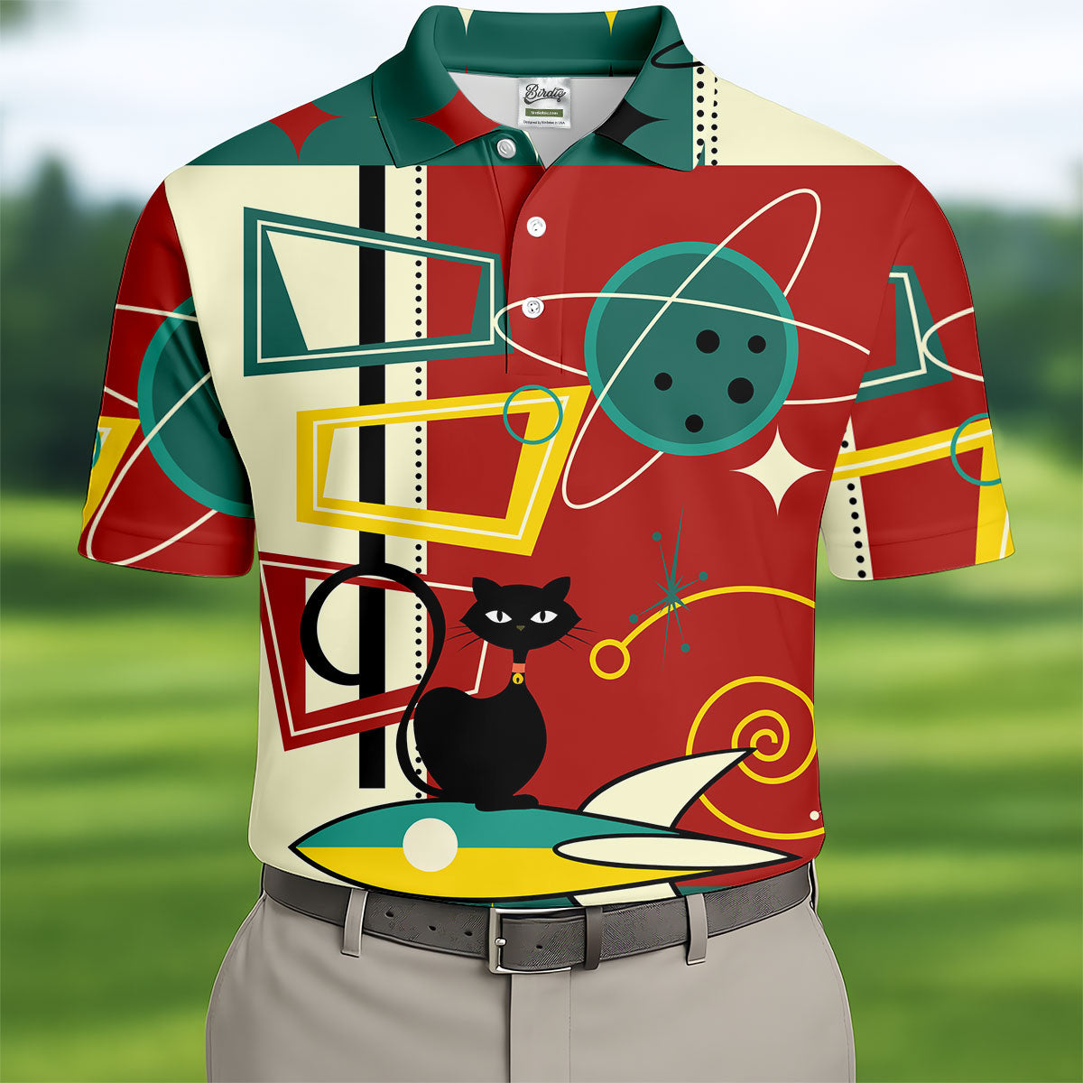 Geometric Abstraction Atomic Cat Hawaiian Golf Shirt, Retro Golf Shirt, Polo Shirtor Men