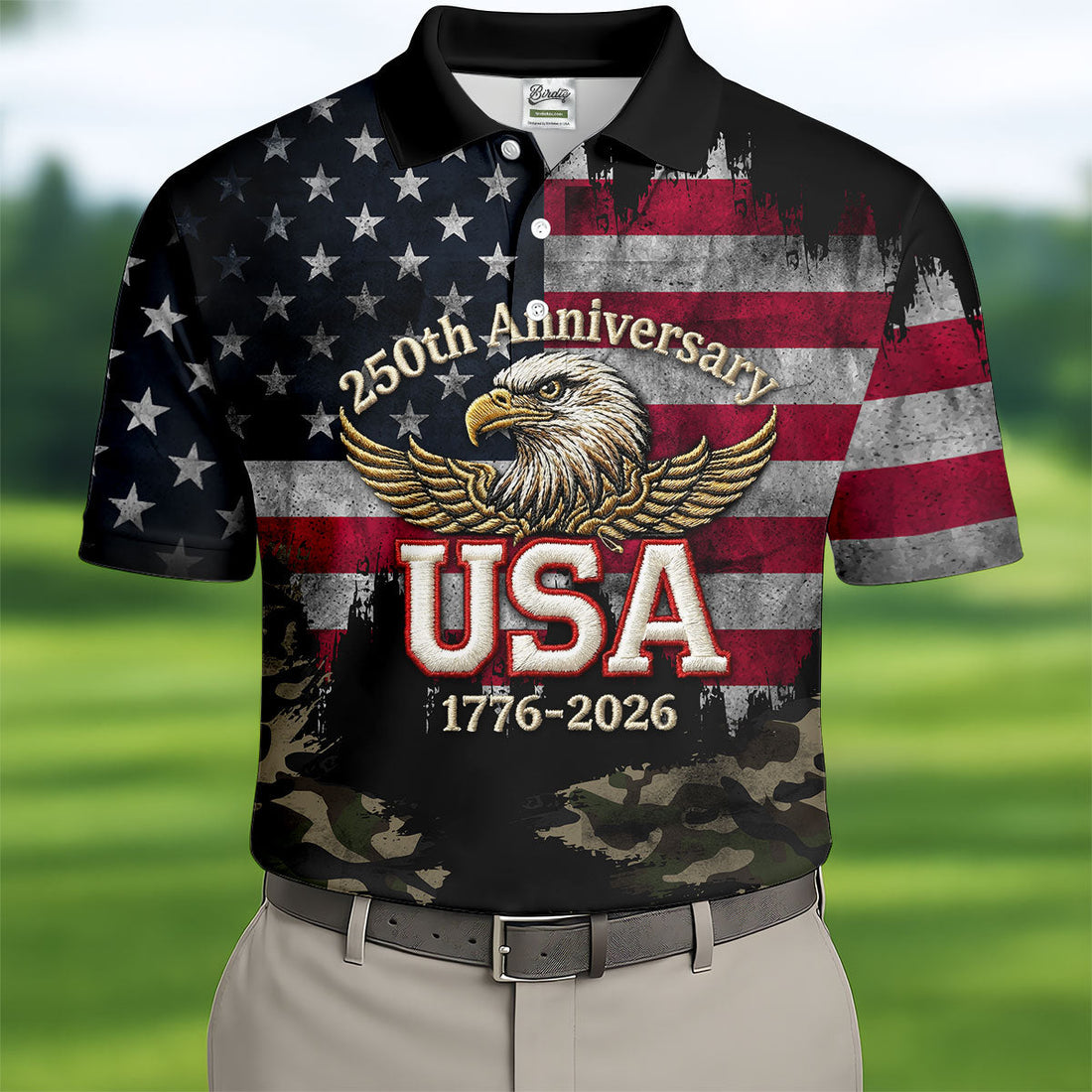 250th Anniversary Camo Golf Shirt, Distressed US Flag Patriotic 4th Of July Golf Shirts For Men