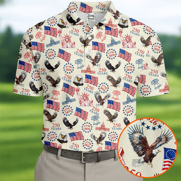 250 Years American Symbol Patriotic Pattern Beige Golf Shirt, 4th Of July Golf Shirt, Golf Shirts For Men