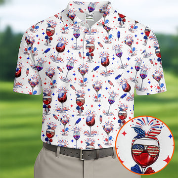 Wine And Martini American Flag Pattern Patriotic 4th Of July White Golf Shirt, 250th Anniversary Golf Shirts For Men