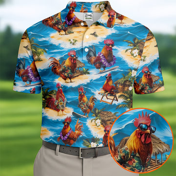 Cool Rooster Beach Vacation Hawaiian Golf Shirt, Mens Golf Polo, Printed Golf Shirts