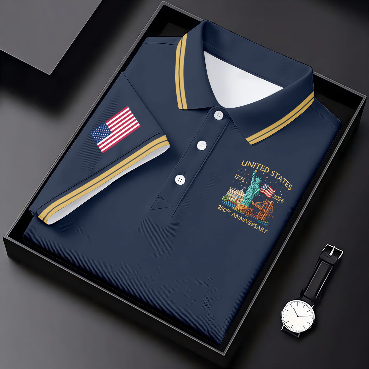 American Symbols Navy Patriotic Golf Shirt, US 250 Years 4th Of July Golf Shirt For Women