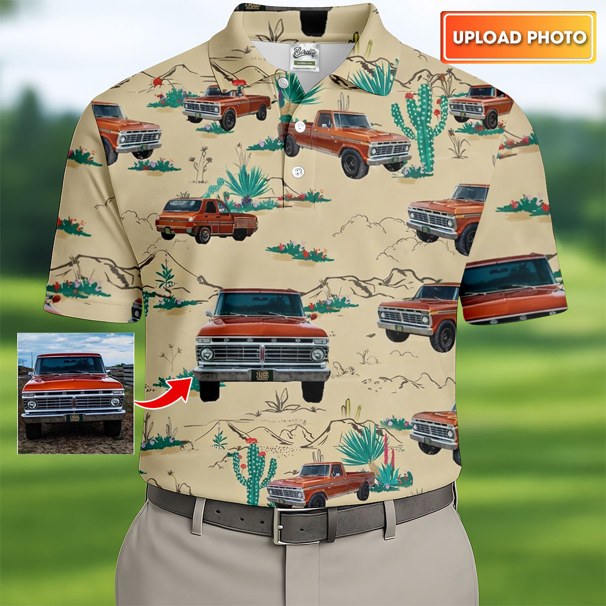 Personalized Pickup Truck Golf Shirt, Southwestern Desert Cactus Pattern, Golf Shirt For Men