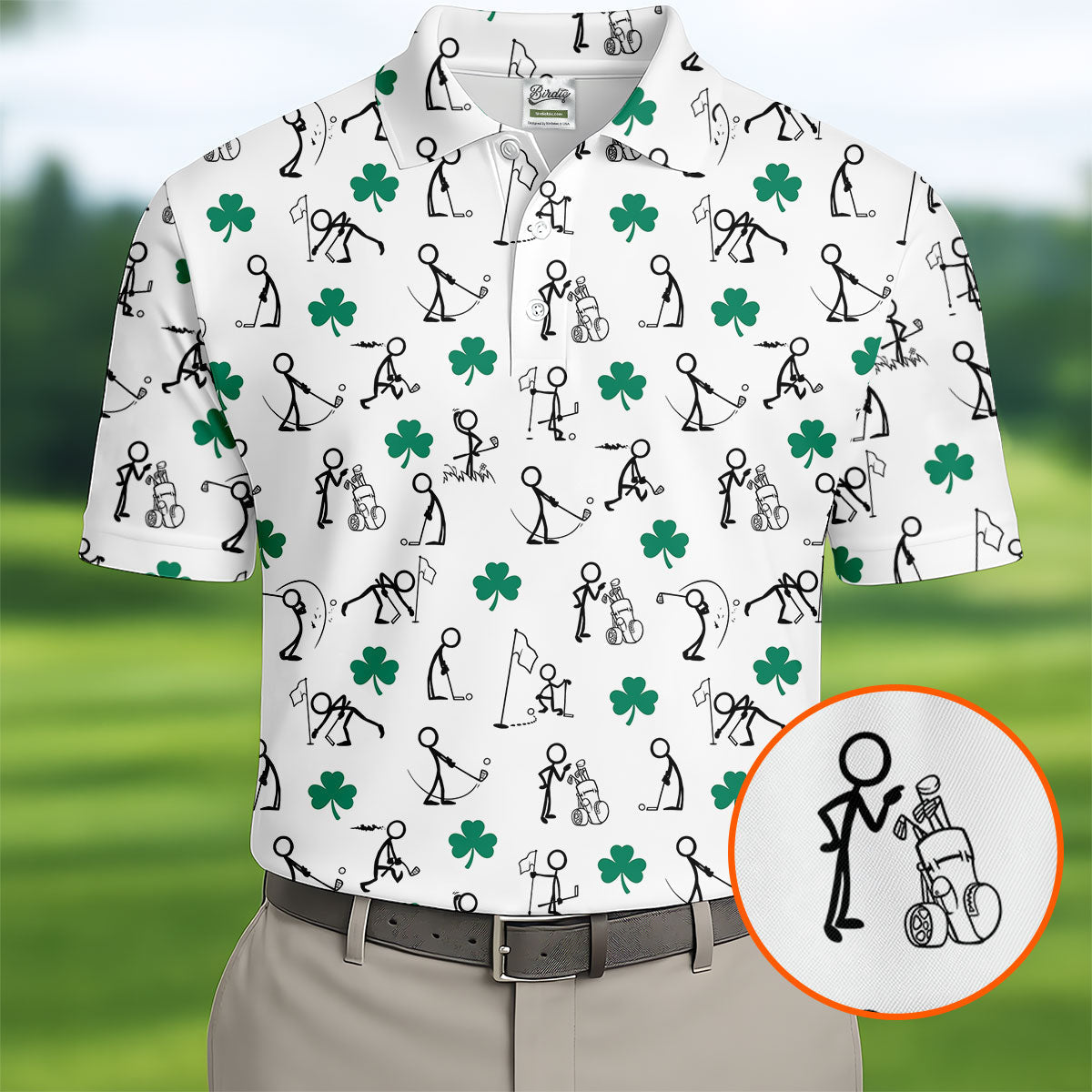 Stick Figure Golf Pose St Patrick's Day Shamrock White Golf Shirt, Polo ShirtFor Men, Golf Shirts For Men