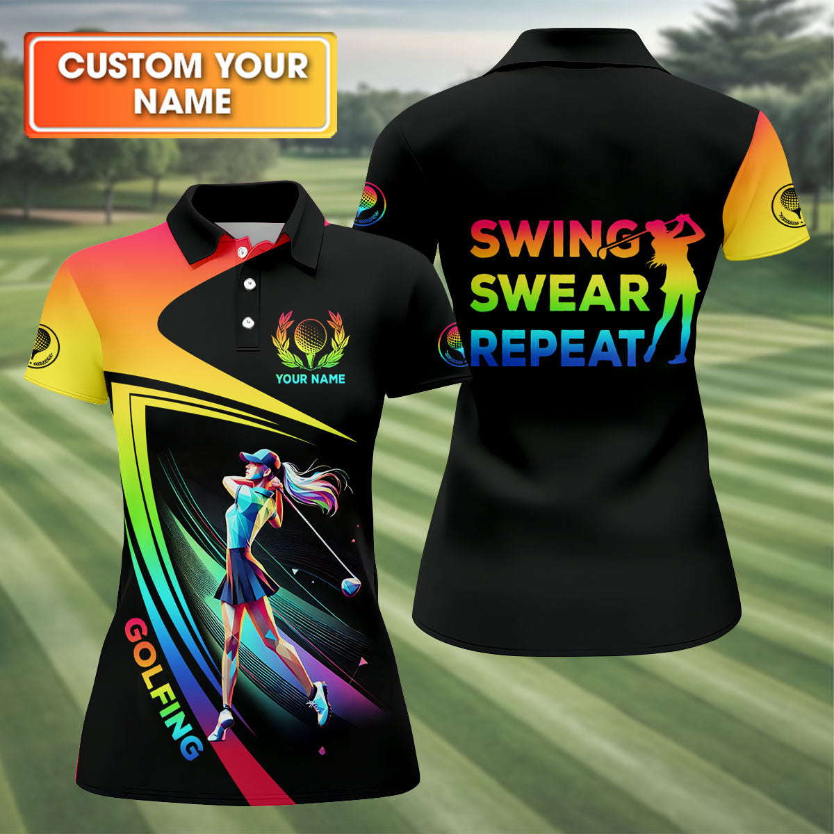 Swing Swear Repeat Personalized Funny Golf Polo ShirtCustom Ladies Golf Shirt