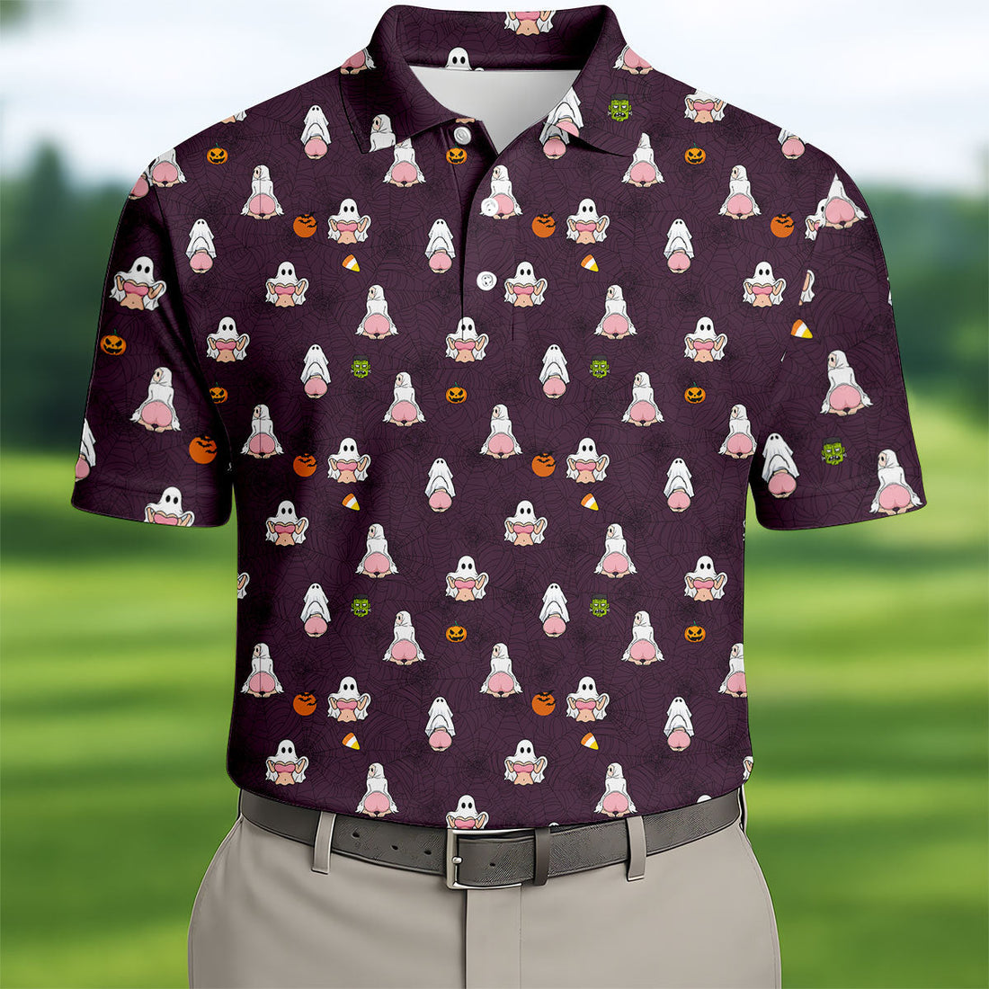 Cute Ghost Butt Halloween Pattern Golf Polo Shirt, Mens Golf Polo, Printed Golf Shirts