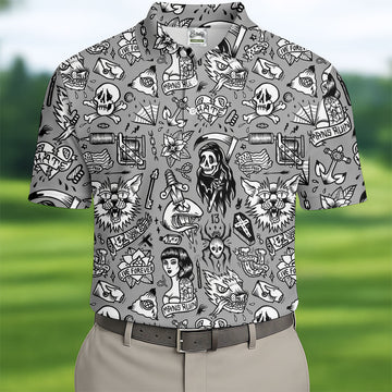 Mans Ruin Horror Theme Hawaiian Golf Shirt, Halloween Vibe Men's Golf Shirt, Polo ShirtFor Men