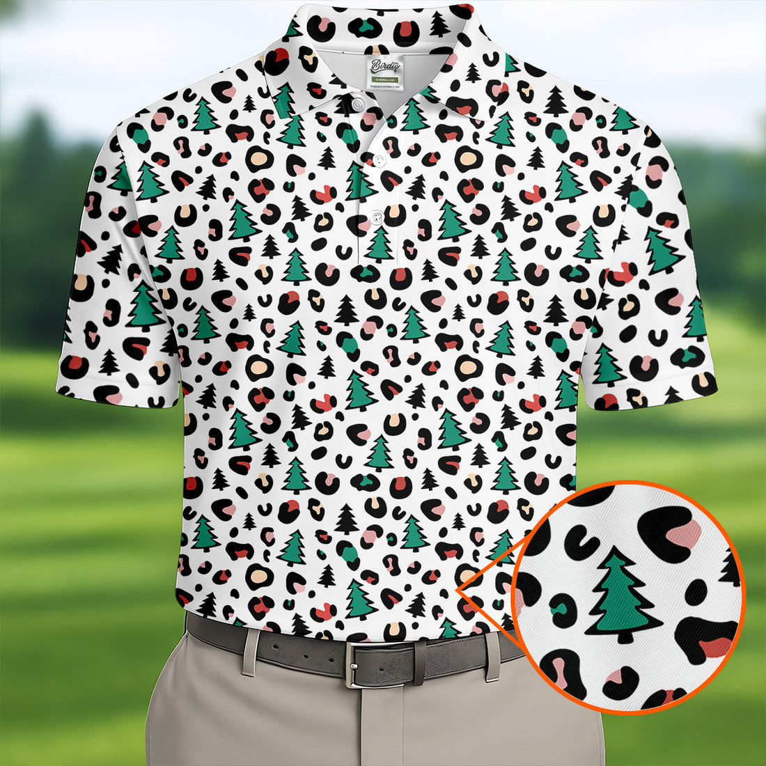 Leopard Pattern Xmas Pine Tree Golf Tops For Men, Christmas Golf Shirt, Cute Golf Outfit, Polo ShirtFor Men