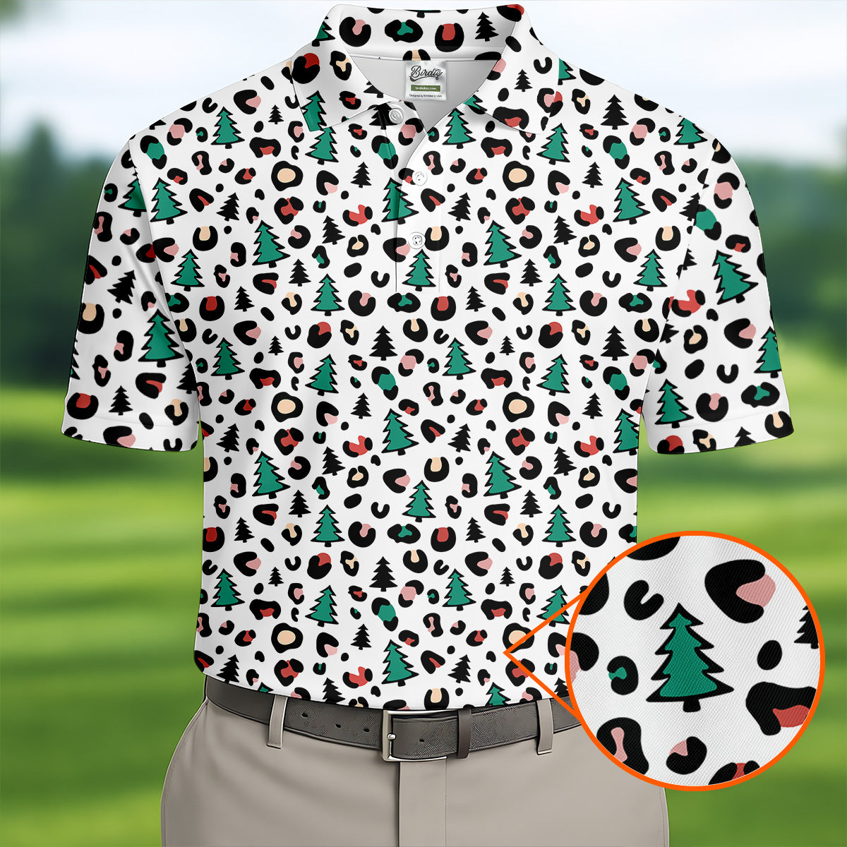 Leopard Pattern Xmas Pine Tree Golf Tops For Men, Christmas Golf Shirt, Cute Golf Outfit, Polo ShirtFor Men