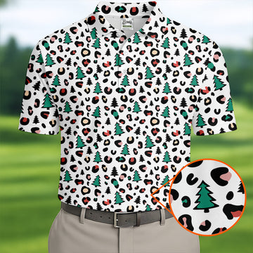 Leopard Pattern Xmas Pine Tree Golf Tops For Men, Christmas Golf Shirt, Cute Golf Outfit, Polo ShirtFor Men
