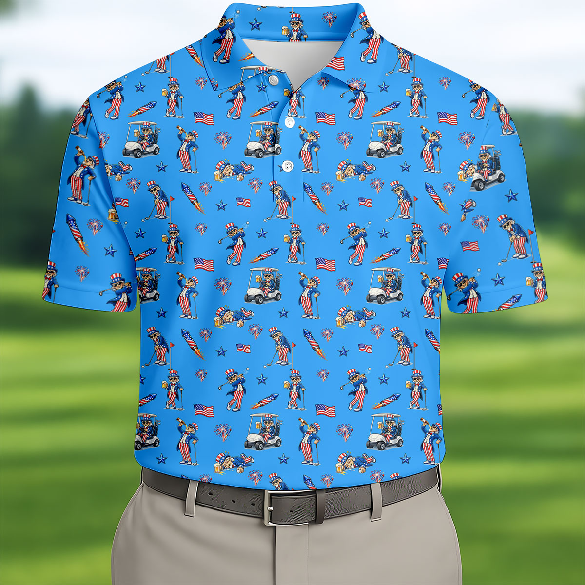 Patriotic Man Golf And Beer Funny 4th Of July Blue Golf Shirt, 250 Years Seamless Pattern Golf Shirts For Men