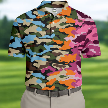 Rainbow Camouflage Golf Tops For Men, Cool Golf Outfit, Polo Shirtor Men, Golf Shirts For Men