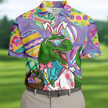T-Rex Bunny Painted Easter Eggs Golf Shirts For Men, Men's Funny Golf Shirts, Polo ShirtFor Men