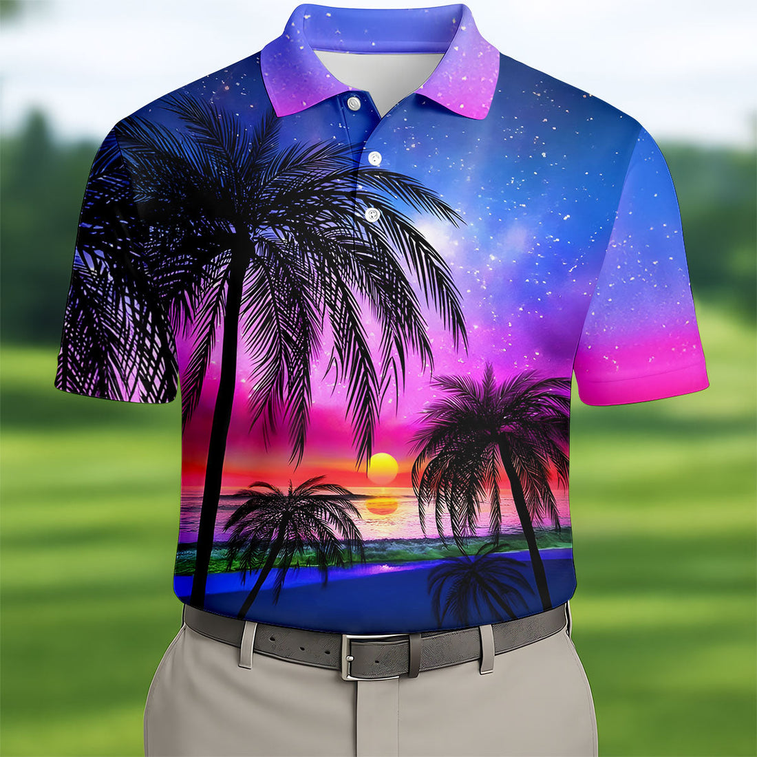 Palm Tree Beach Sunset Golf Shirt, Mens Golf Polo, Printed Golf Shirts, Golf Apparel For Men