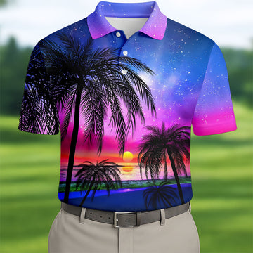 Palm Tree Beach Sunset Golf Shirt, Mens Golf Polo, Printed Golf Shirts, Golf Apparel For Men