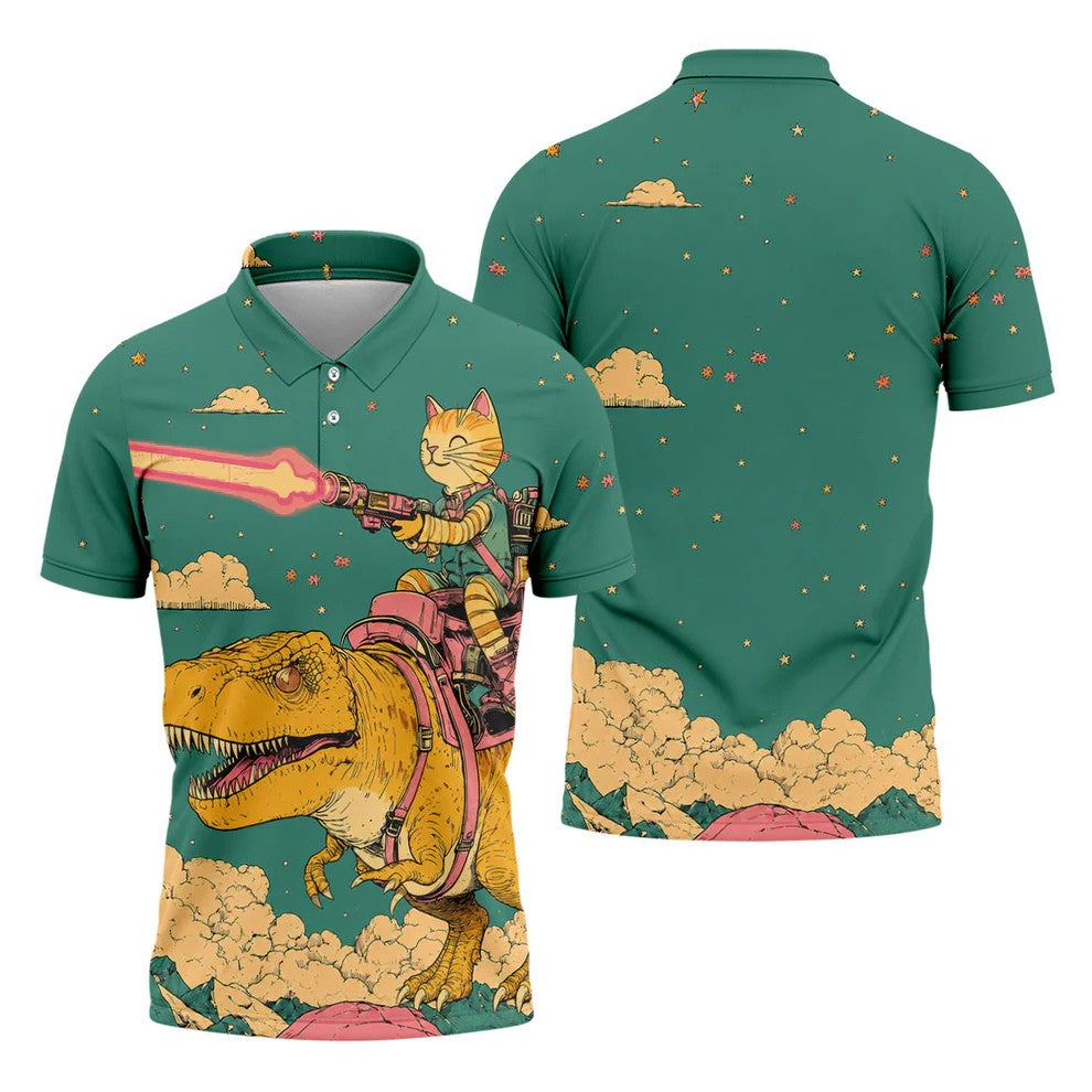 Laser Cat Dinosaur Golf Shirt, Retro Sci Fi T Rex Adventure Pattern, Golf Shirt For Men
