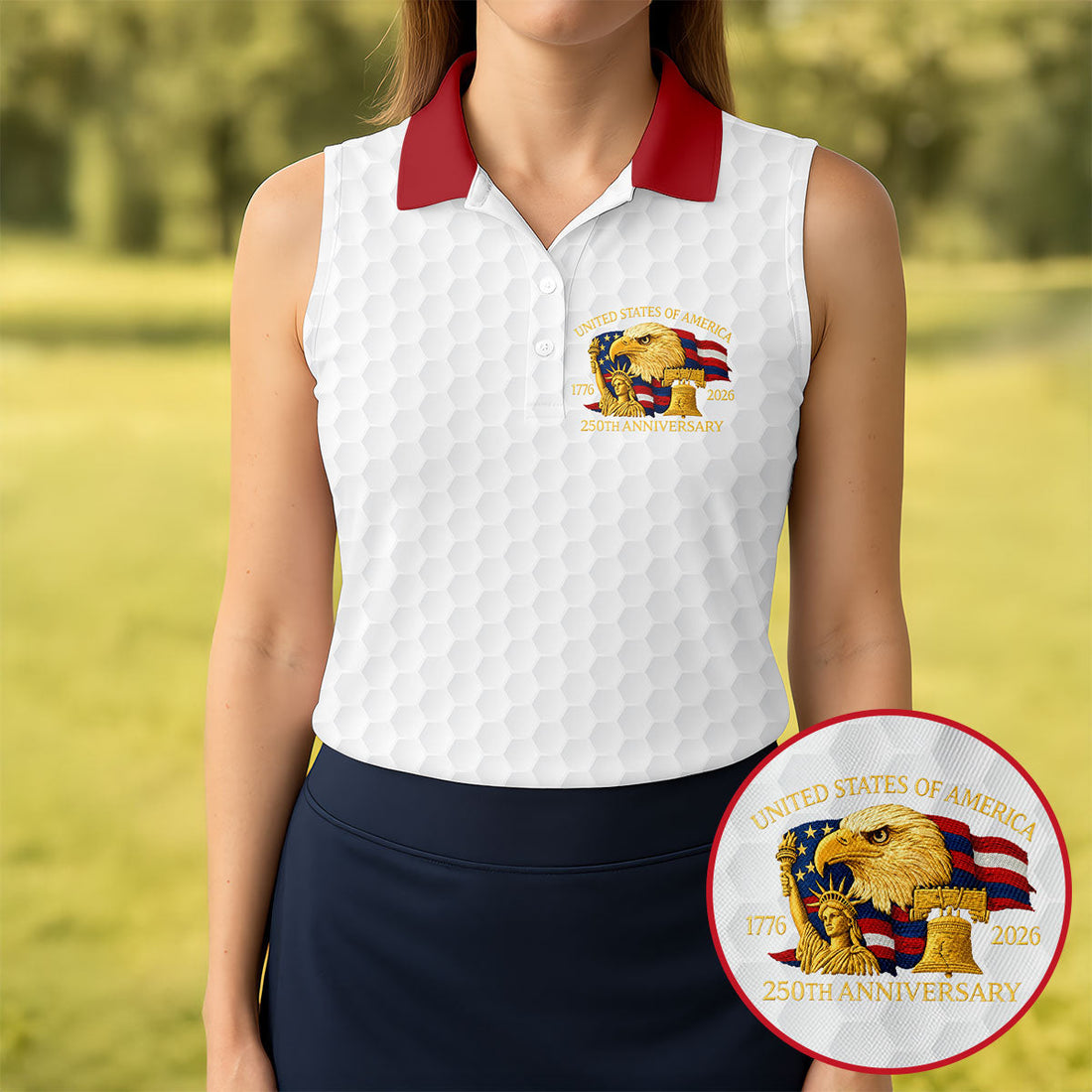 United States 250th Anniversary Patriotic Eagle White Custom Golf Shirts, 4th Of July Golf Shirt For Women