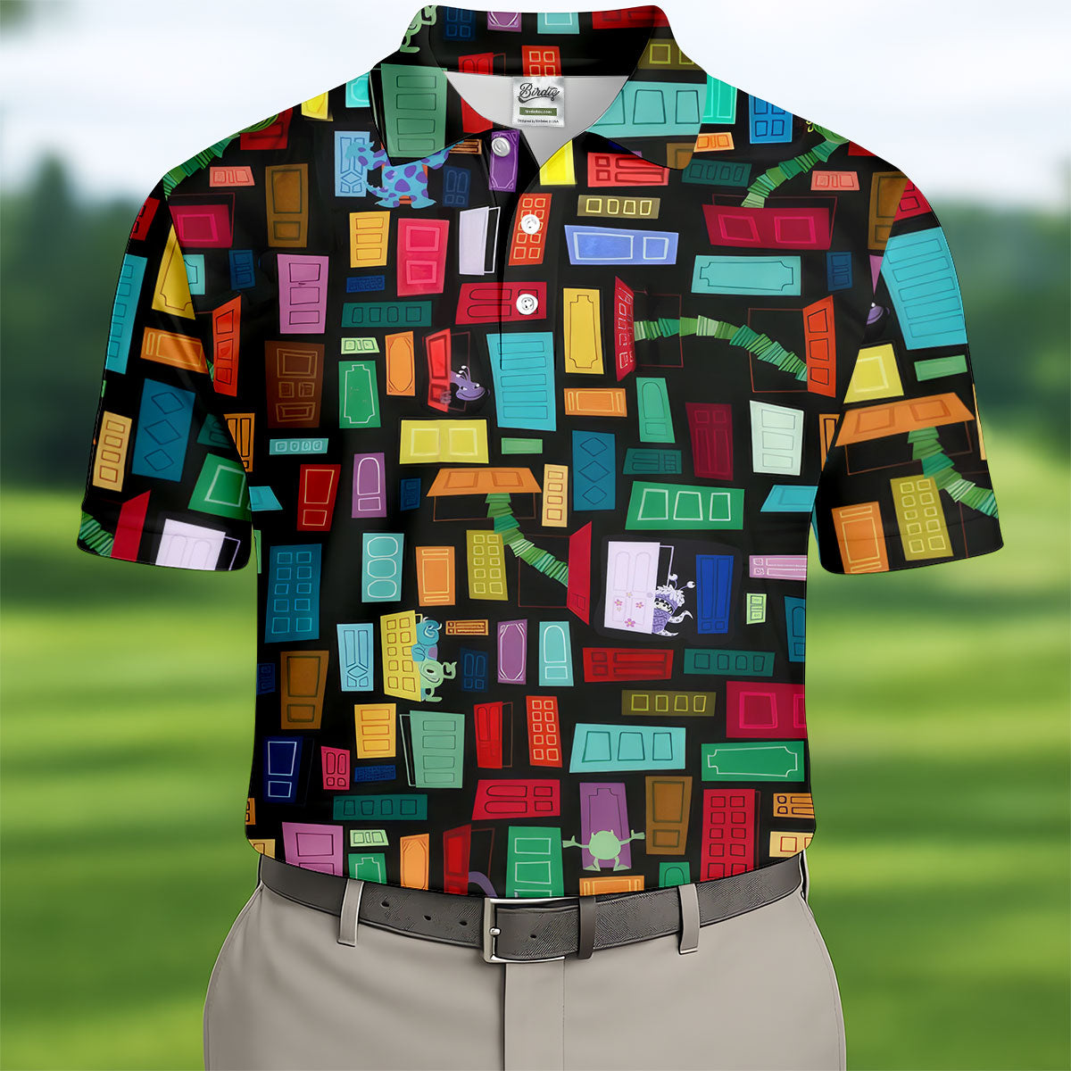 Monster Door Golf Shirt, Colorful Animated Monster World Pattern, Golf Shirt For Men