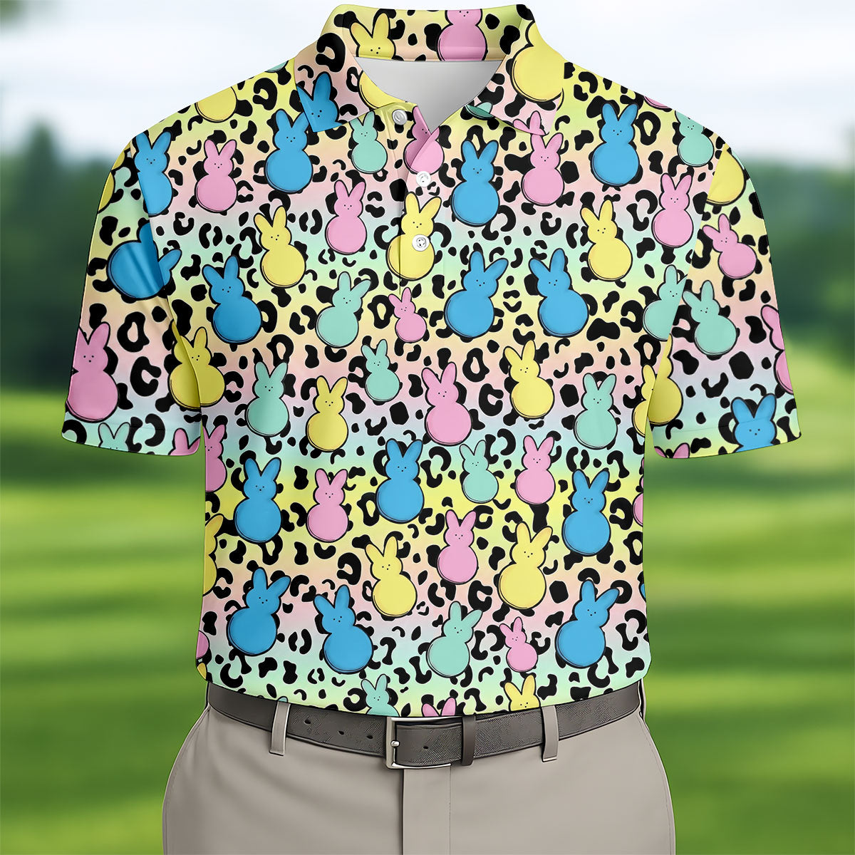 Pastel Easter Bunny Leopard Print Polo Shirt, Mens Golf Apparel, Hawaiian Golf Shirt, Printed Golf Shirts