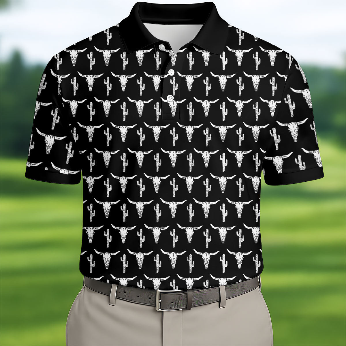 Longhorn Cow Skull Western Theme Black Golf Tops For Men, Polo Shirtor Men, Golf Shirts For Men