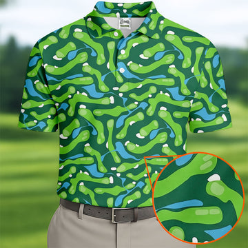 Golf Course Layout Golf Shirt, Fairway Water Hazard Pattern, Golf Shirt For Men