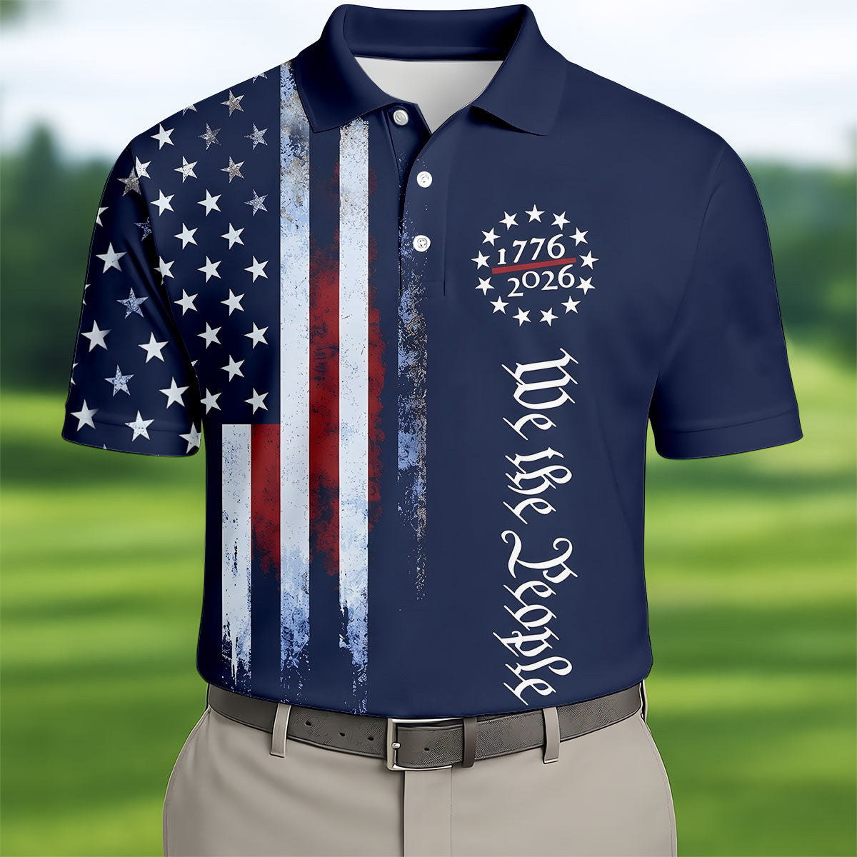 We The People 250 Years Navy Vintage Golf Shirt, Patriotic 4th Of July Golf Shirts For Men