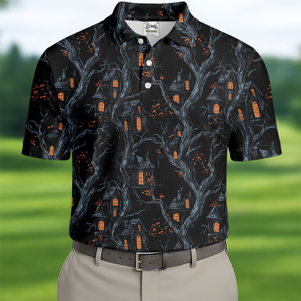 Haunted House Halloween Golf Tops For Men, Black Golf Polo ShirtGolfing Apparel, Polo For Men