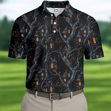 Haunted House Halloween Golf Tops For Men, Black Golf Polo ShirtGolfing Apparel, Polo For Men
