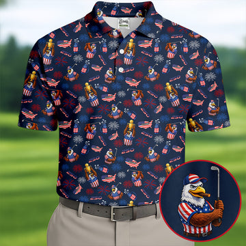 Patriotic Bald Eagle 250 Celebration Golf Tops For Men, 4th Of July Golf Shirts For Men, Men's Golf Polo