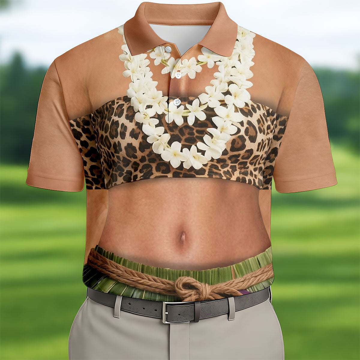 Floral Lei Tropical Theme Party Leopard Print Hawaiian Golf Shirt, Polo Shirtor Men