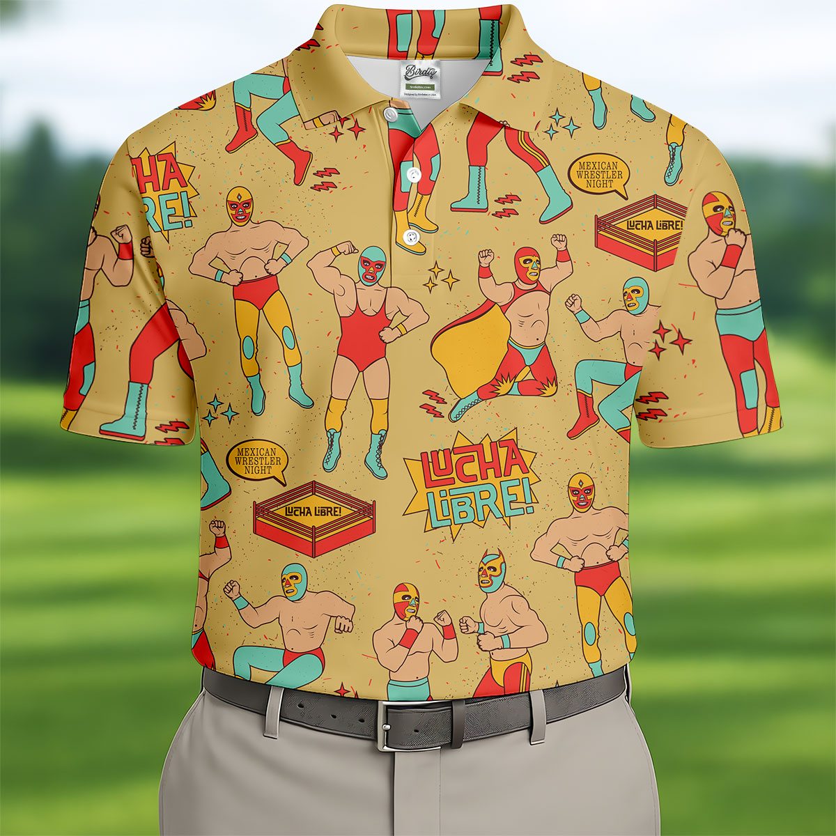 Yellow Lucha Libre Mexican Wrestler Pattern Golf Shirt, Hawaiian Golf Shirt, Mens Golf Shirts
