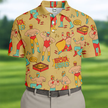 Yellow Lucha Libre Mexican Wrestler Pattern Golf Shirt, Hawaiian Golf Shirt, Mens Golf Shirts